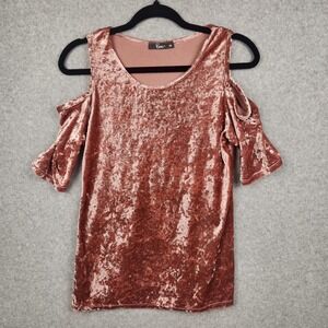 Crushed Velvet Cold Shoulder Top Womens Medium‎ Pink Short Sleeve